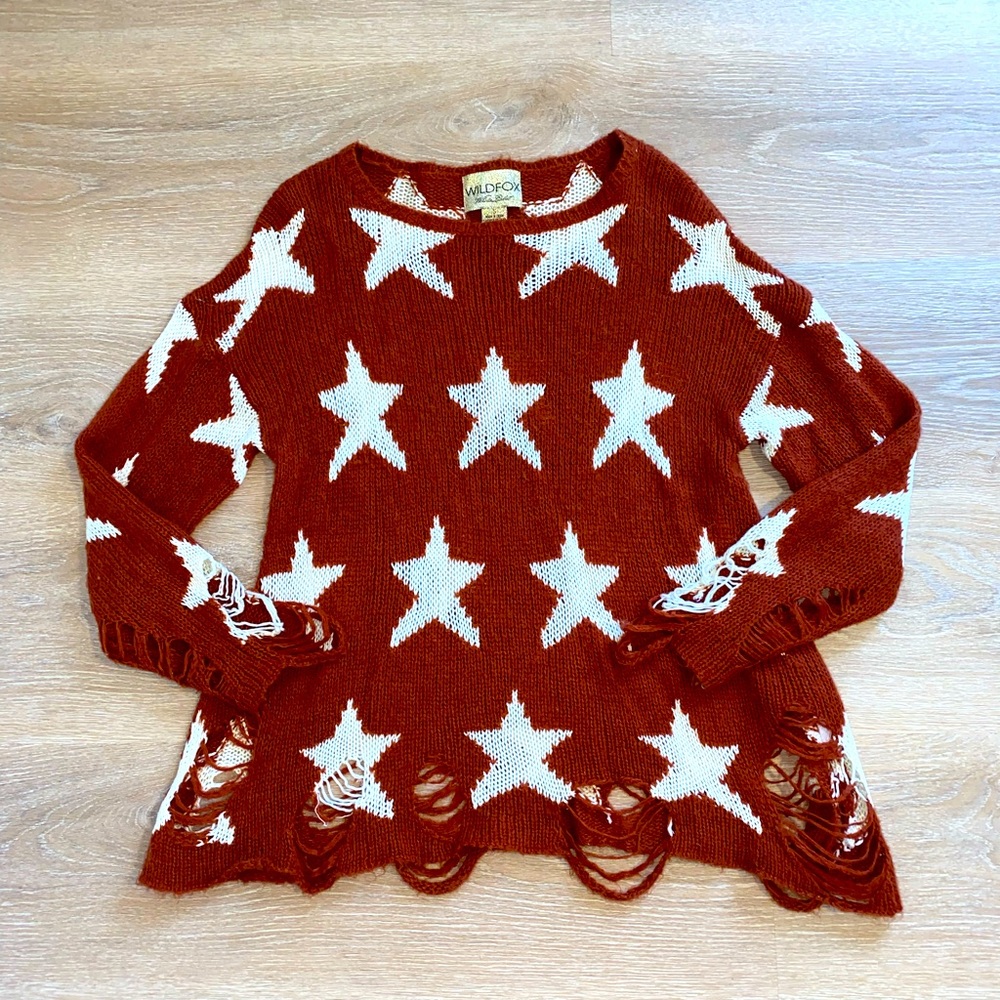 Wildfox White Label Star Print Knit Distressed Look Jumper Sweater Top